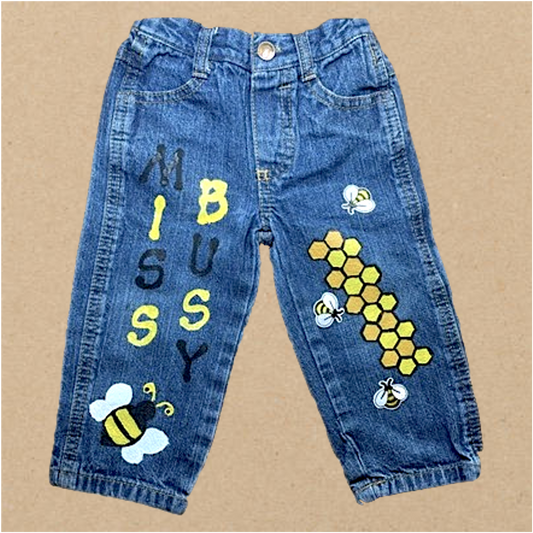 Repurposed Hand Painted Dark Denim MISS BUSY BEE JEANS