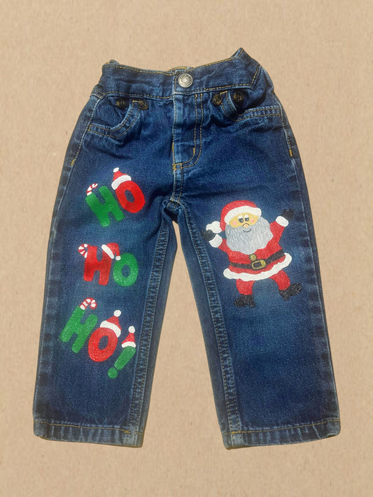 Repurposed Hand Painted Dark Denim SANTA JEANS